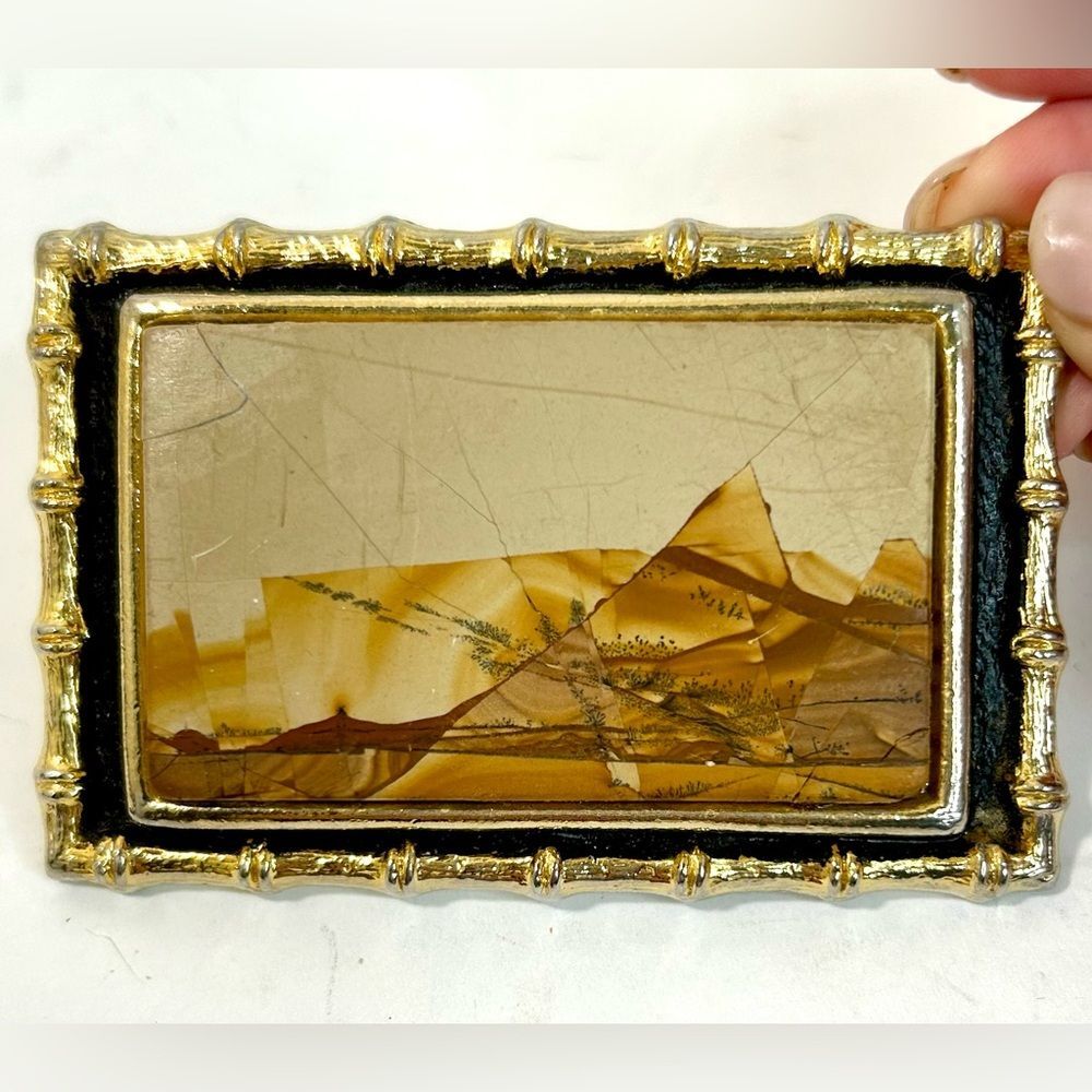 1970s Kenneth Reid Mixed Wood Inlay and Howlite Solid Brass Handmade Belt Buckle